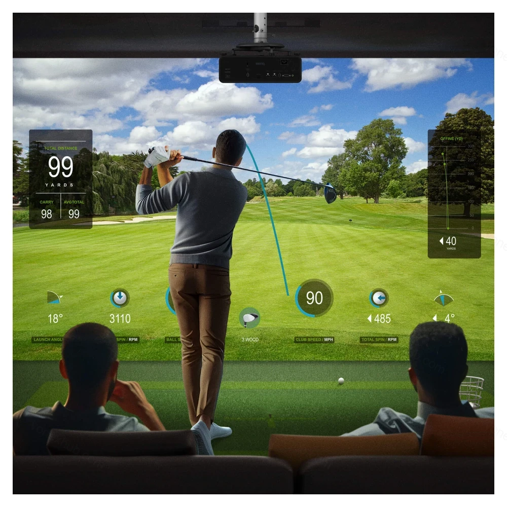 BenQ AK700ST Golf Simulator Projector in Use with Live Swing Data Overlay