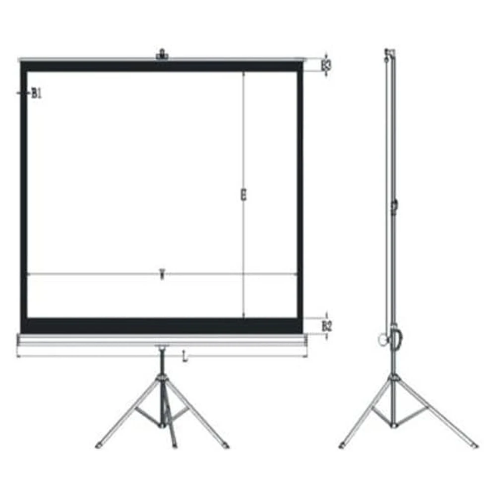 LAV Lena TS Tripod Screen dimension diagram, front and side view