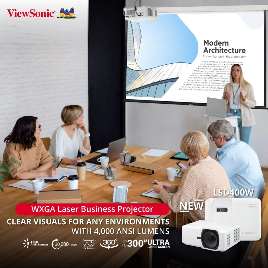 ViewSonic LSD400W WXGA Laser Business Projector delivering 4,000 ANSI Lumens in a bright meeting room.