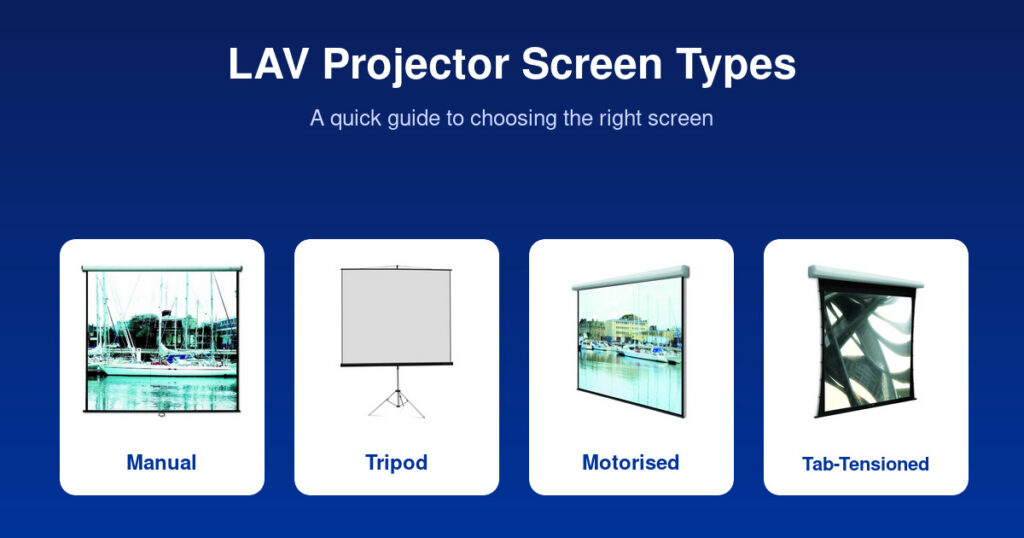 LAV projector screen types - manual, tripod, motorised and tab-tensioned screen models