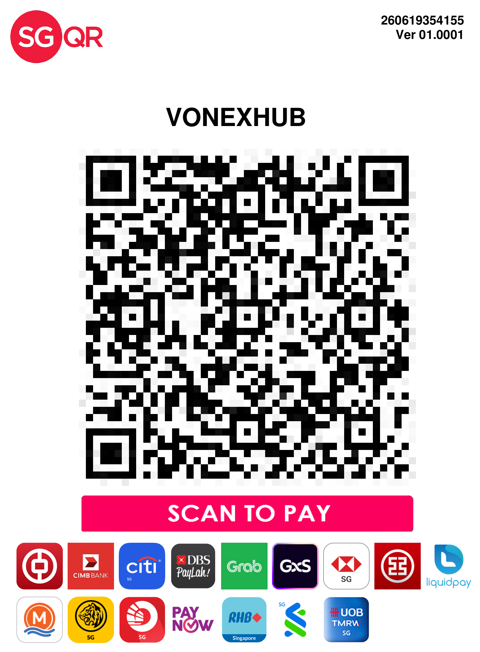 VonexHub SGQR code - scan to pay via PayNow or any SGQR-supported bank app